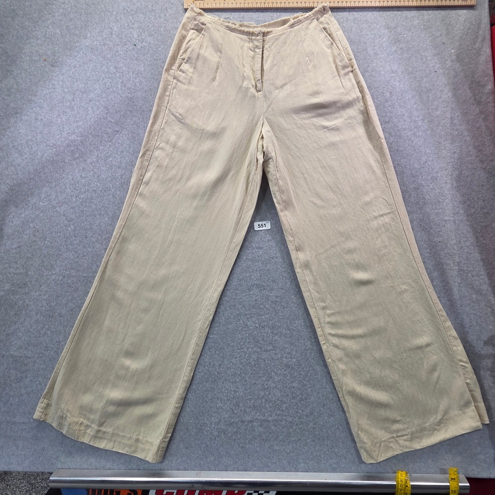 ODE Womens Wide Leg Linen Blend Pants Beige Frayed Raw Edge Waistband XS